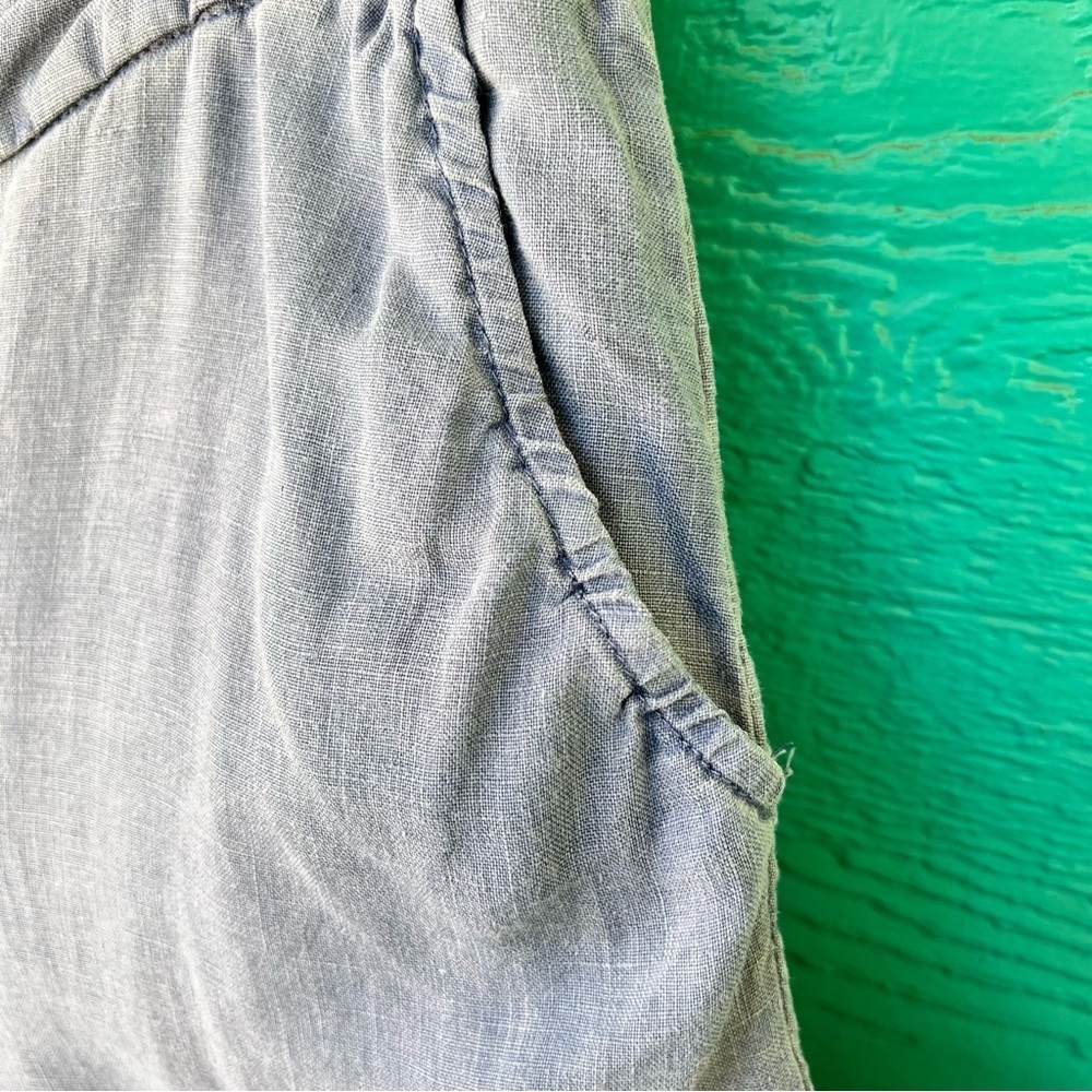 100% LINEN BLUE CHAMBRAY PULL ON DRAWSTRING WIDE LEG PANTS SIZE MEDIUM - Picture 3 of 5
